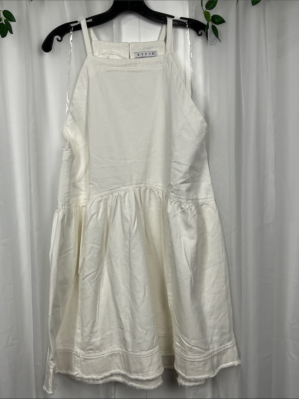 HYFVE Womens Denim Dress L White Thin Shoulder Straps Raw Hemline Pockets NWOT